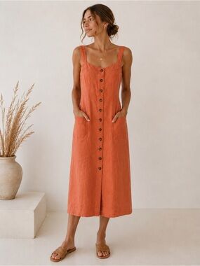 FAHERTY AURORA SLEEVELESS LINEN MIDI OVERALL PRARIE DRESS SZ XS
